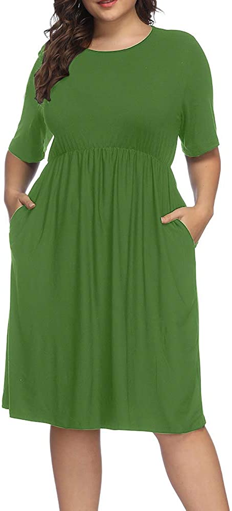 Ancapelion Womens Plus Size Casual T-Shirt Midi Dress 3/4 Flare Sleeve Solid Knee Length Jersey Dress for Women 