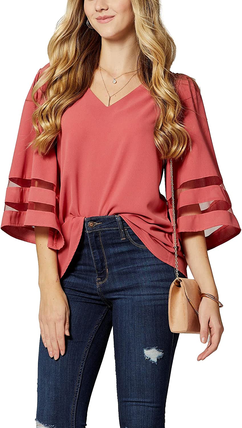 Women's V Neck Bell Sleeve Blouse with Mesh Panel 3/4 Loose Shirt