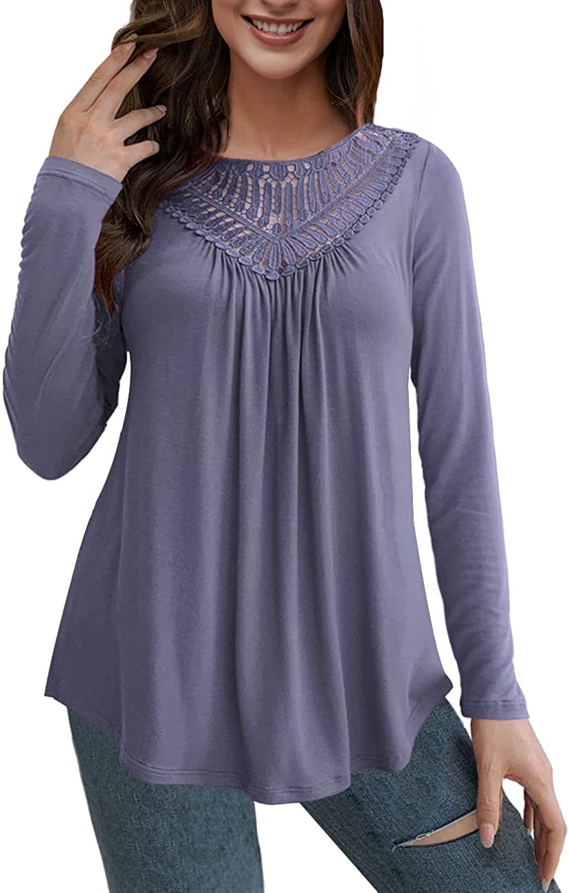 AAMILIFE Women’s Plus size Tee Long Sleeve Shirts Lace Pleated Tunic ...