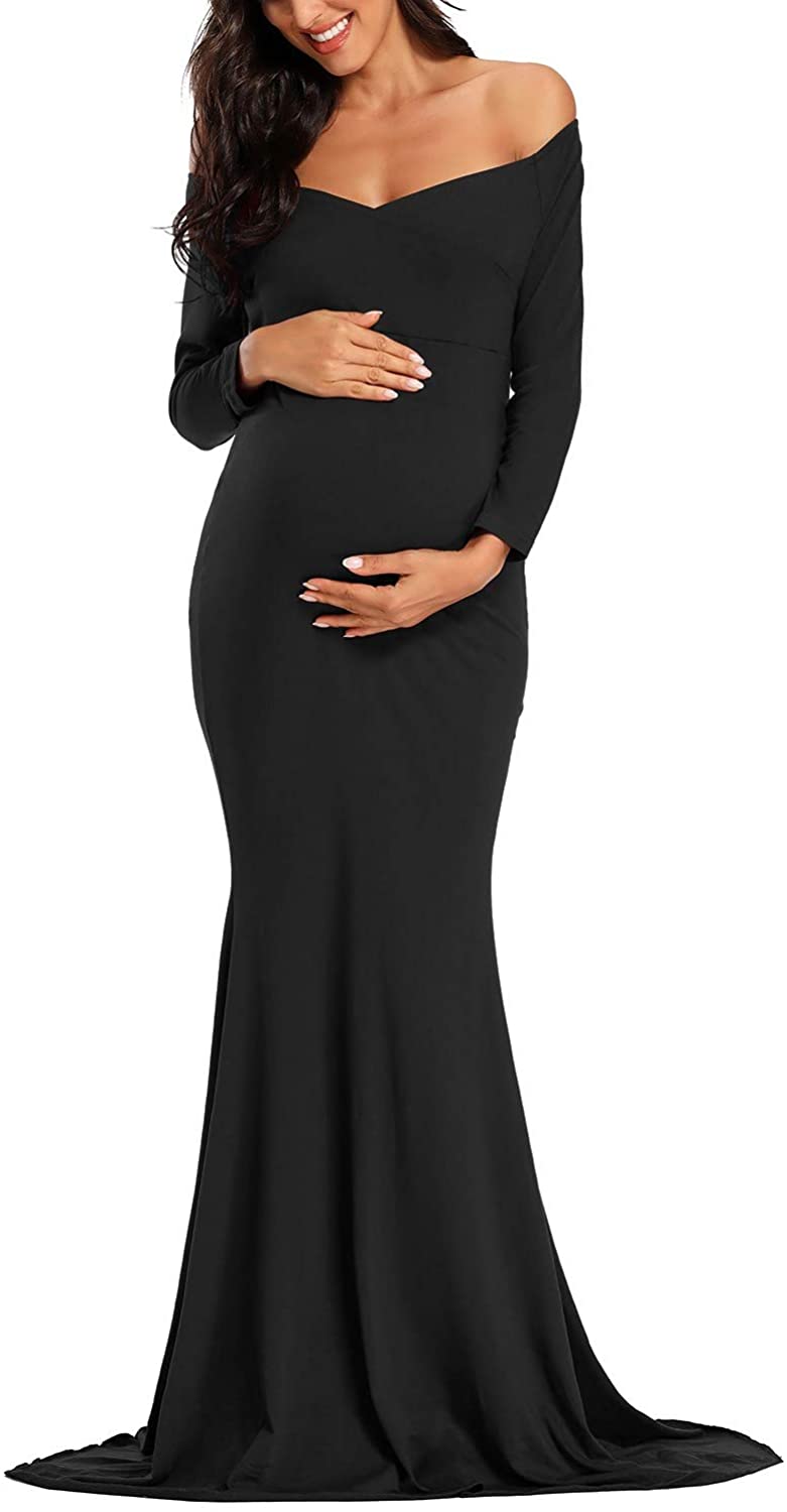 Ecavus Womens Off Shoulder Maternity Dress Ruffle Trim Maxi Photography Dress for Baby Shower