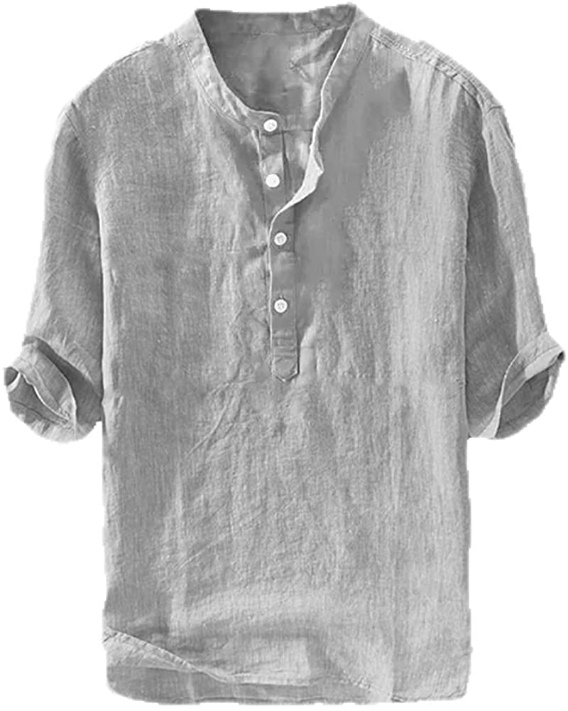 VEKDONE Mens Cotton Linen Shirts Henley V-Neck Short Sleeve Beach Yoga Shirts Summer T Shirt Banded Collar Tops 