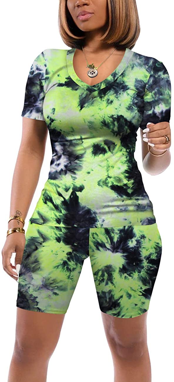 Saloogoe Two Piece Outfits for Women V Neck Short Sleeve Summer Short Sets 