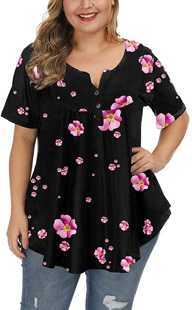 ALLEGRACE Women's Plus Size Blouses Short Sleeve Henley Shirts Button Up V  Neck Floral Pleated Tunic Tops Black 4X at  Women's Clothing store