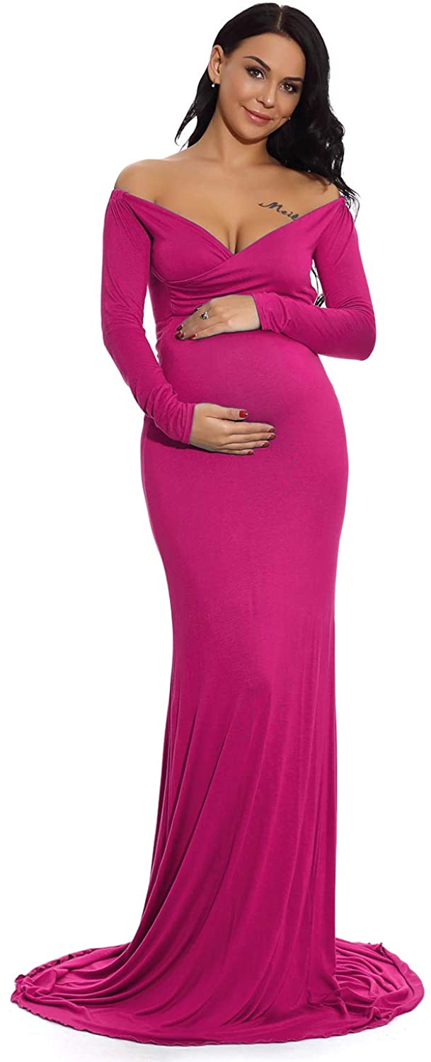 ZIUMUDY Maternity Fitted Gown V Neck Ruched Long Sleeve Maxi Photography Dress 
