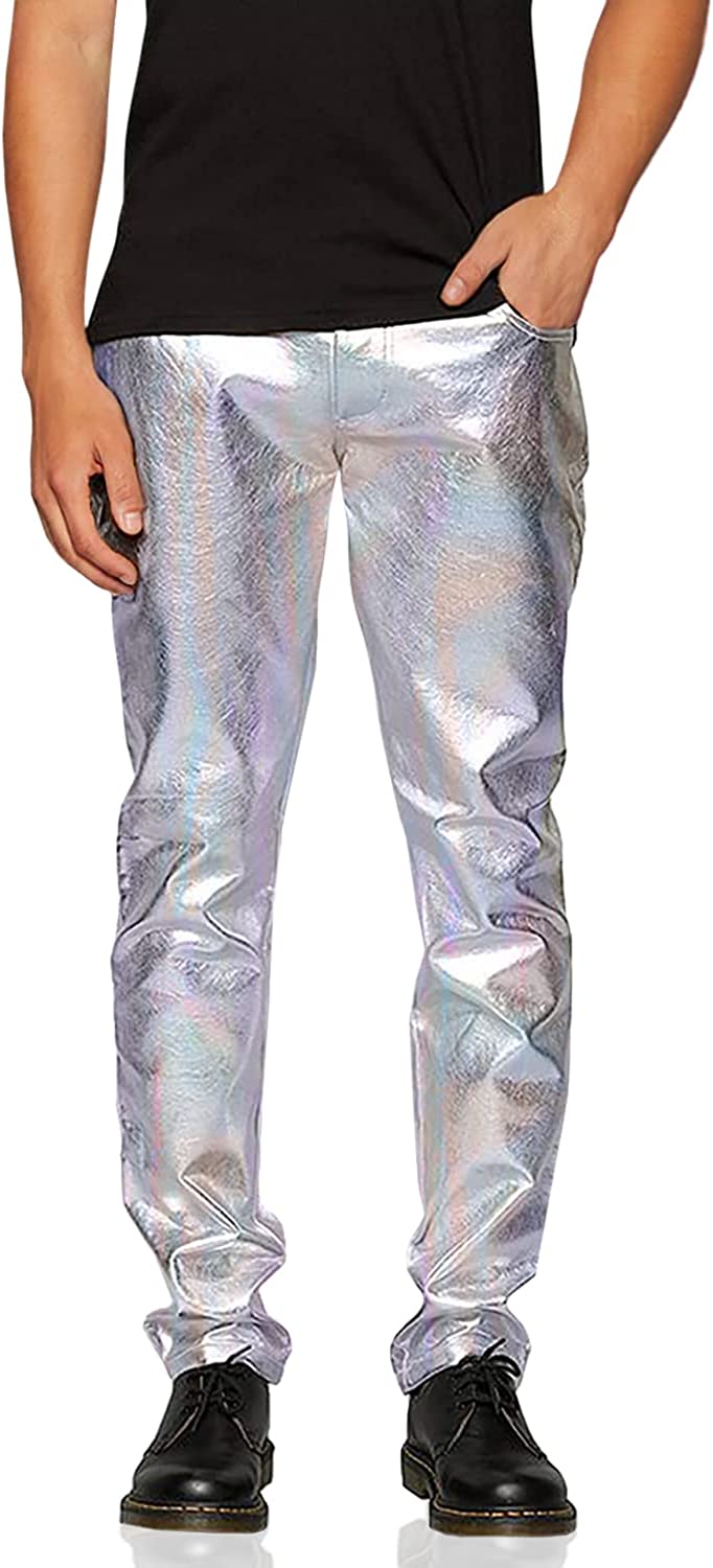  COOFANDY Mens Vintage Metallic Shiny Jeans Party Dance Disco  Nightclub Straight Leg Trousers Pants
