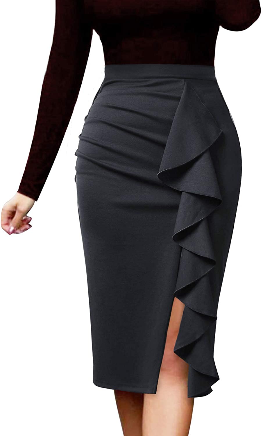 VFSHOW Womens Pleated Buttons High Waist Wear to Work Office Pencil Skirt 