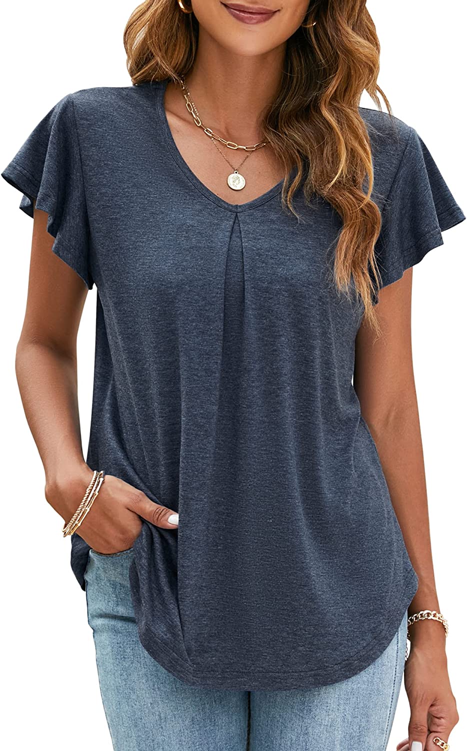 Women's Ruffle Short Sleeve Tops V Neck T-Shirts Solid Color