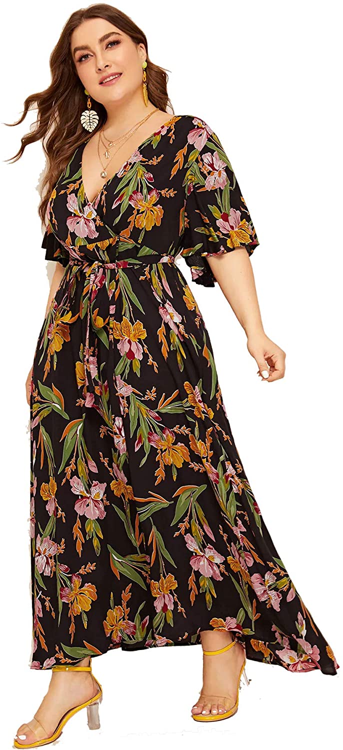 Milumia Women Plus Size Floral Boho Wrap V Neck High Waist Maxi Dress