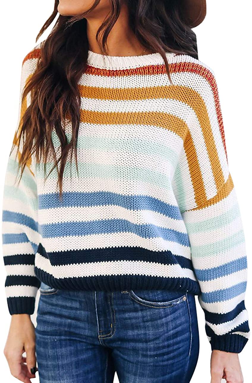 thumbnail 16  - ZESICA Women&#039;s Long Sleeve Crew Neck Striped Color Block Casual Loose Knitted Pu