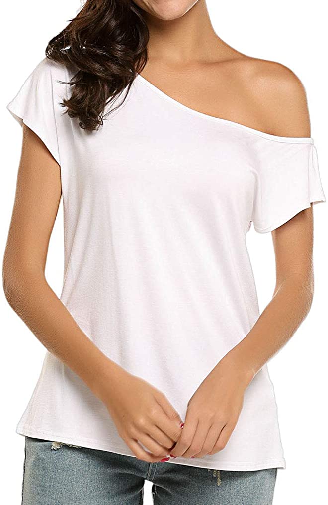 Halife Women's Casual Off The Shoulder Tops Short Sleeve T Shirts Loose Summer Blouse Shirt