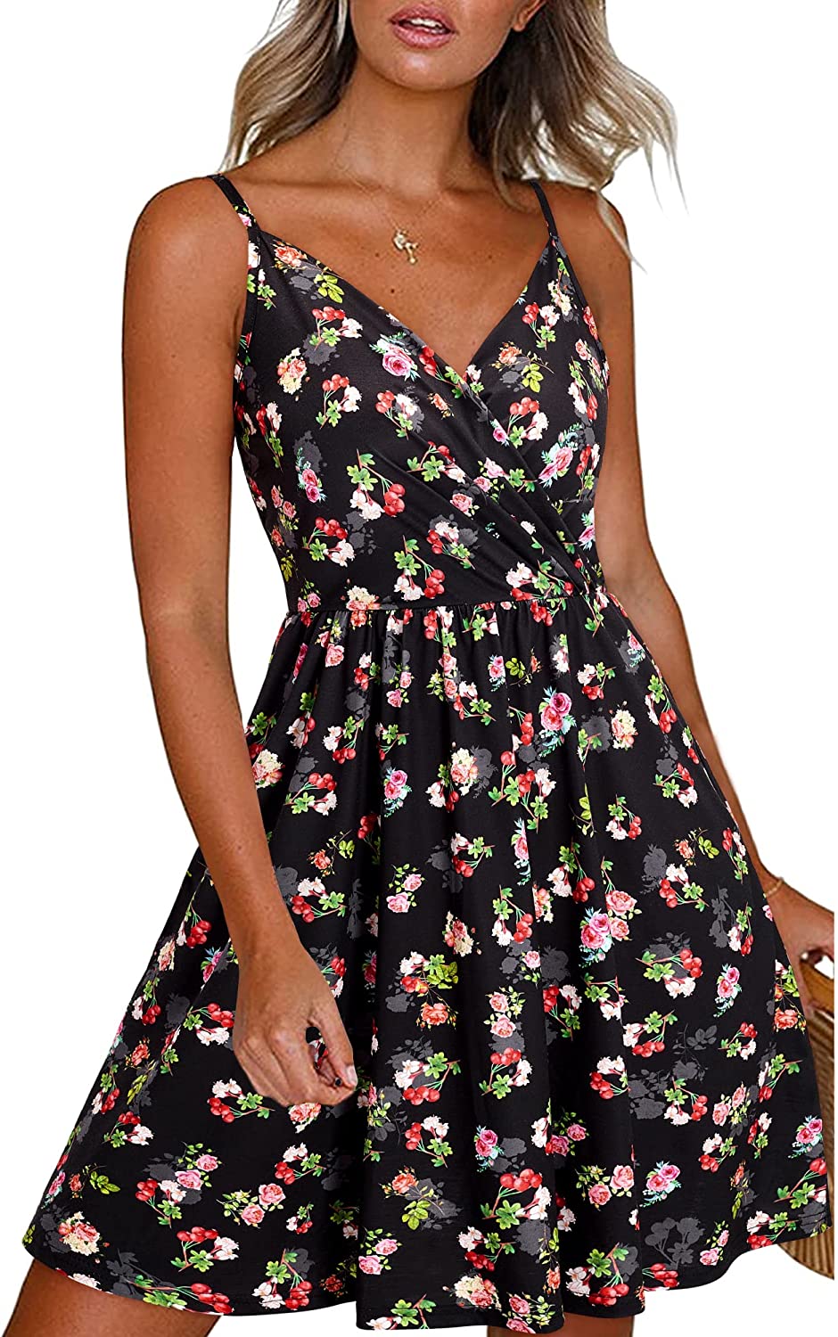 Newshows Women's Summer Dress Floral Spaghetti Strap Sleeveless V-Neck  Casual Beach Vacation Outfits Skater Sundress with Pockets(2-Floral 10,  Small) at  Women's Clothing store