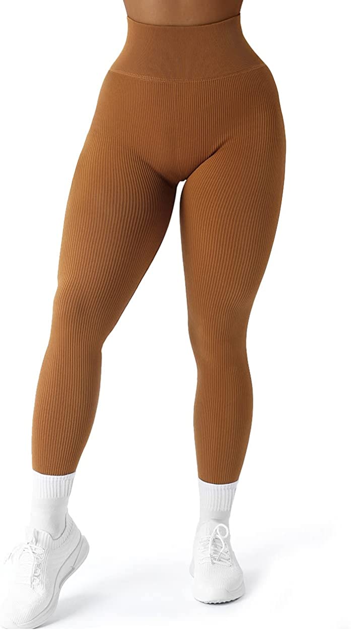 Ribbed High Waisted Seamless Leggings in Brown