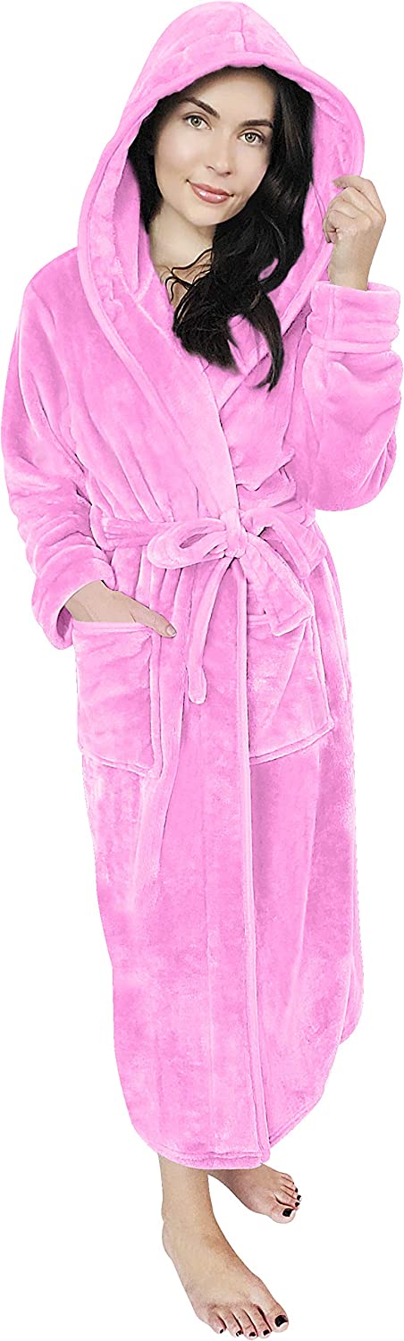 NY Threads Women Fleece Hooded Bathrobe - Plush Long Robe (Large, Taupe)