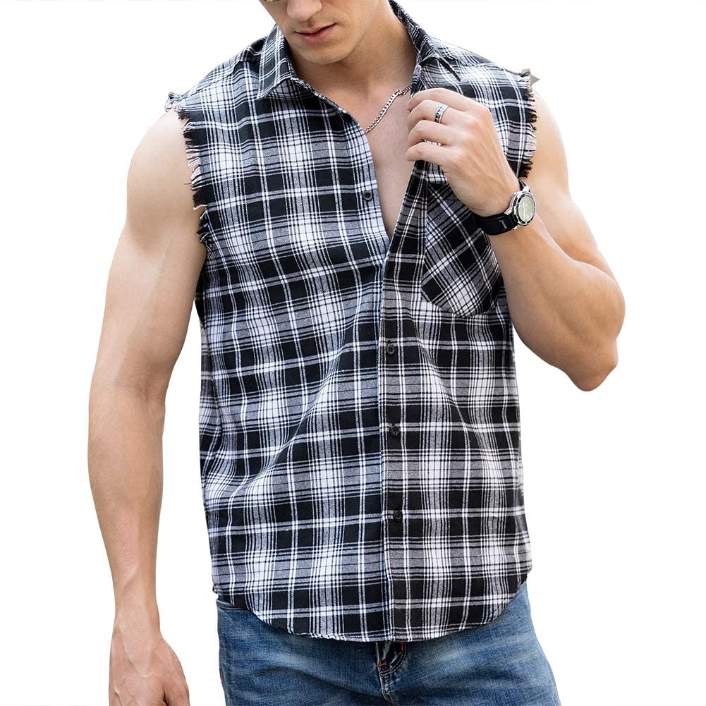 LOGEEYAR Men's Sleeveless Shirt Plaid Flannel Shirt, Button Down Casual  Shirts V