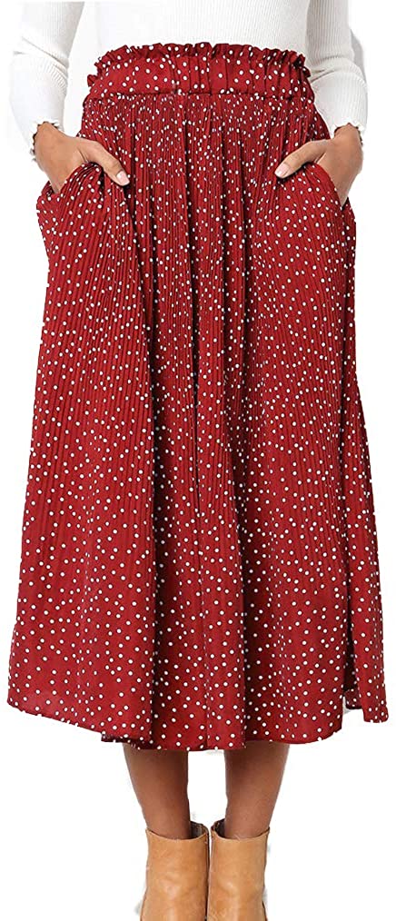 Naggoo Women's Polka Dot Midi Skirts Casual High Elastic Waist A Line  Pleated Midi Chiffon Skirts with Pockets