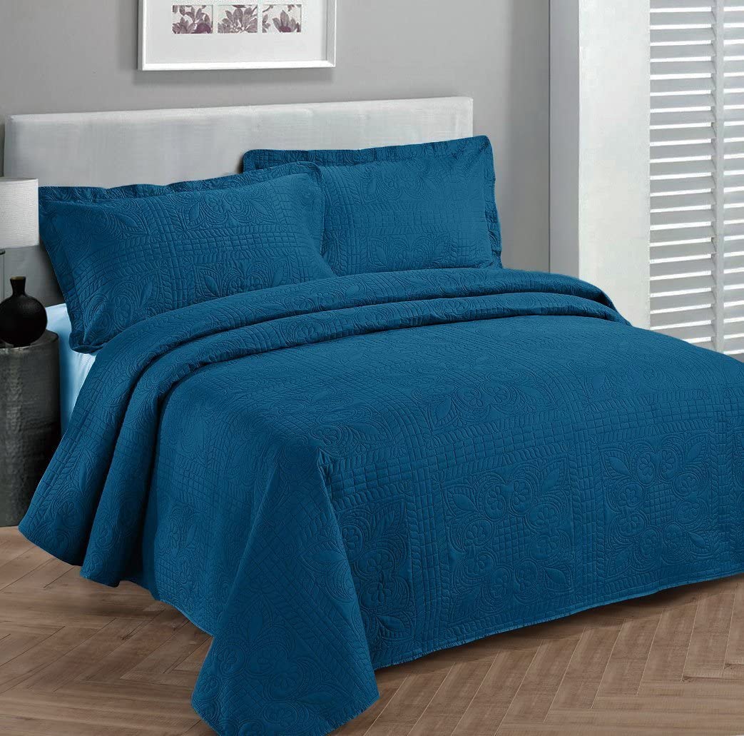 Fancy Linen Oversize Luxury Embossed Bedspread Solid Blue All Sizes New 
