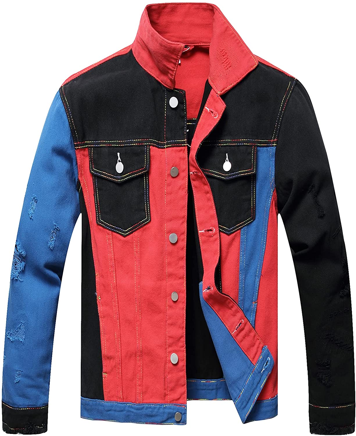 LZLER Men Red And Blue Jean Jacket Ripped Color Block Male Denim Jacket 