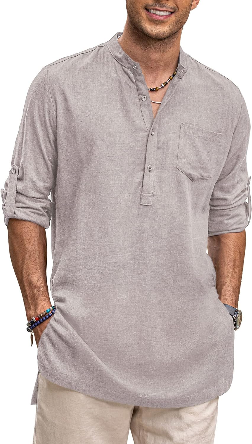 COOFANDY Men's Casual Henley Shirts Collarless Linen Cotton Beach