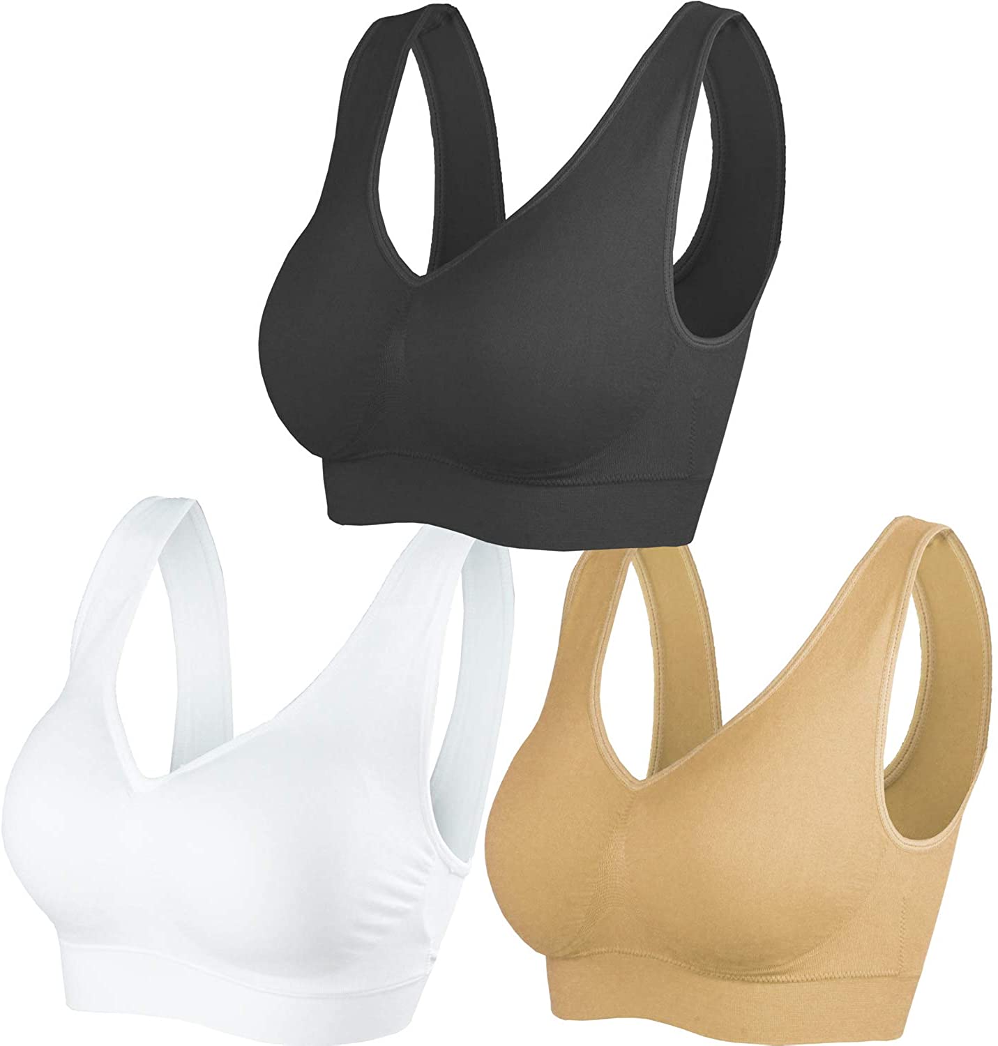 Cabales Women's 3-Pack Seamless Wireless Sports Bra with Removable Pads 