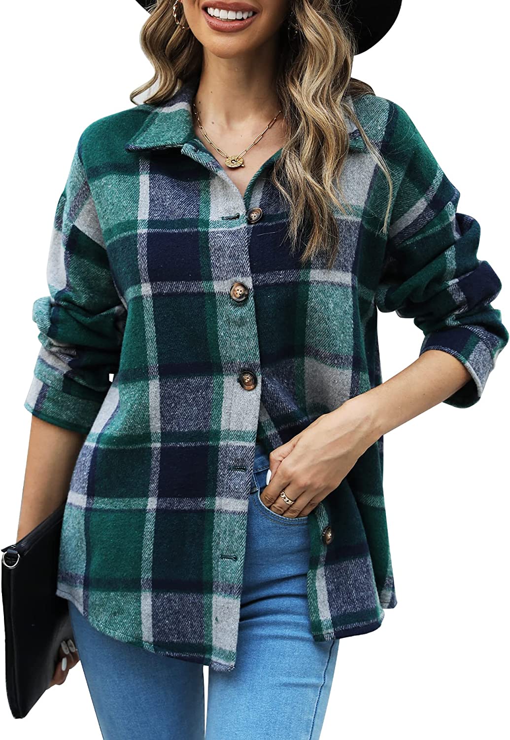 Beaully Women's Flannel Plaid Jacket Long Sleeve Button Down Chest Pocketed  Shir