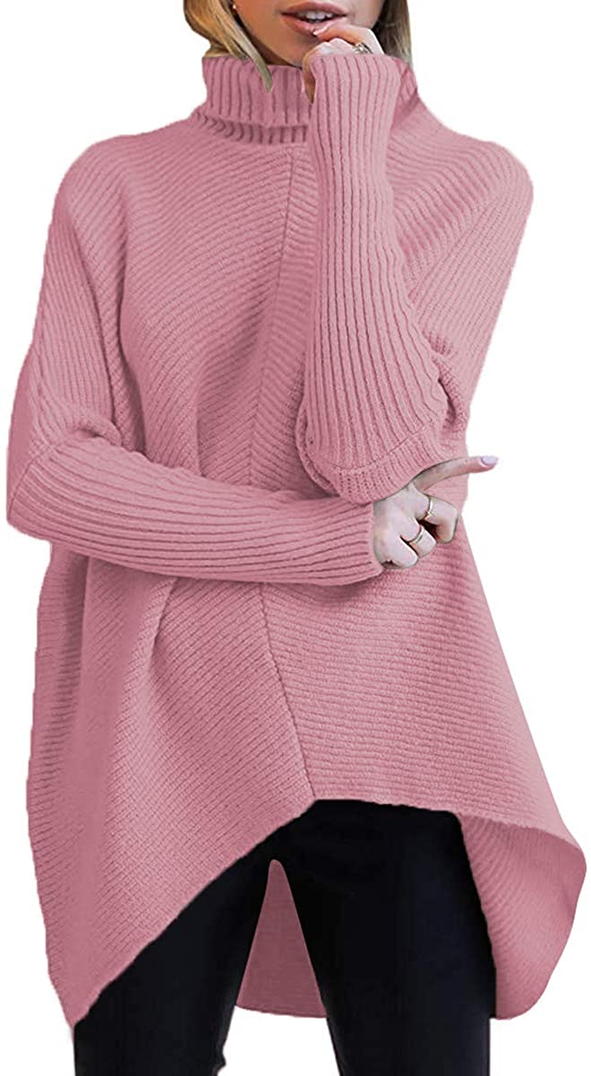 MILLCHIC Womens Turtleneck Long Batwing Sleeve Sweater Asymmetric Hem Casual Pullover Knit Tops 