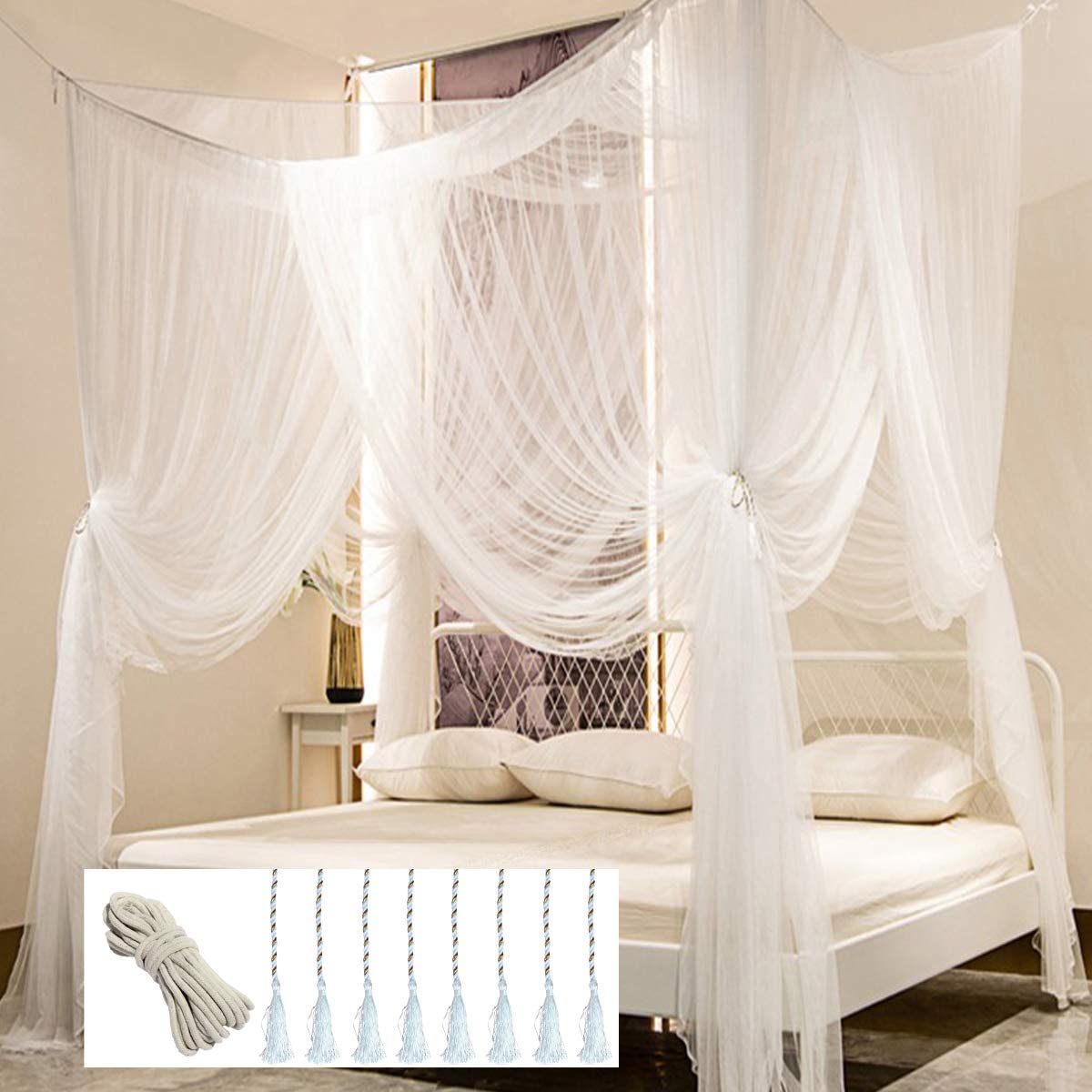 Mosquito Net for Bed Ultra Large Hanging Bed Canopy with 100 led String Lights 