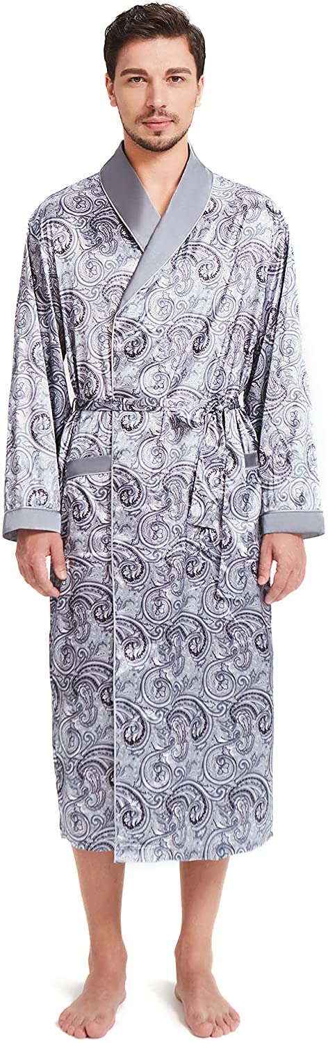 SIORO Men's Silk Satin Long Robe, Lightweight Soft Bathrobe for men with  Two Poc