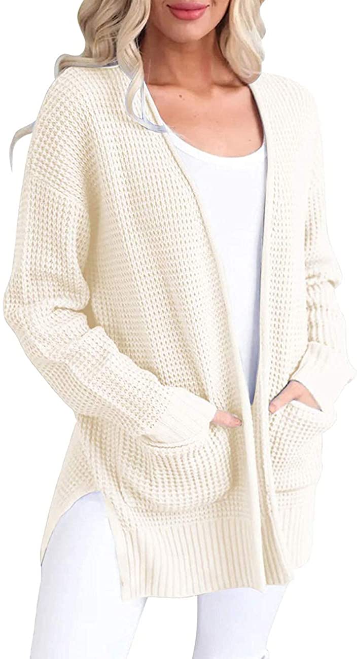 MEROKEETY Womens Long Sleeve Waffle Knit Cardigan Open Front Side Slit Sweater with Pockets 