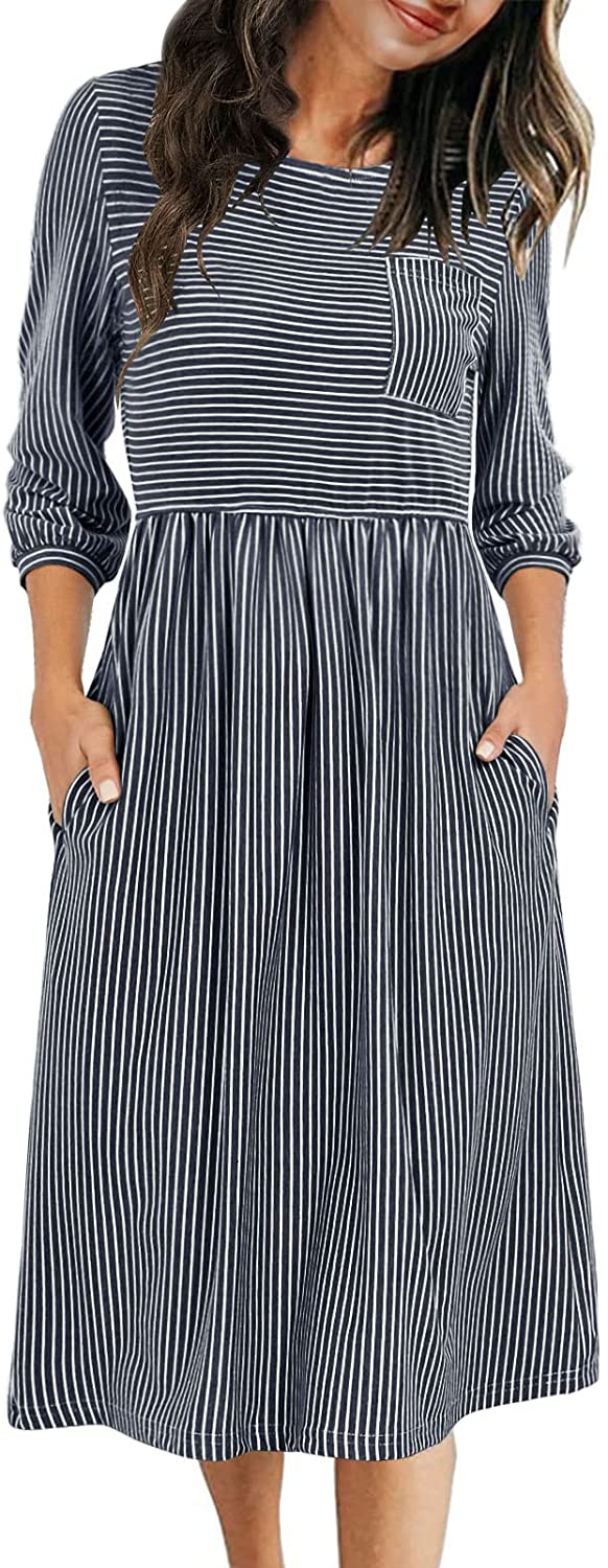 MEROKEETY Women's 3/4 Balloon Sleeve Striped High Waist T Shirt Midi Dress  with Pockets