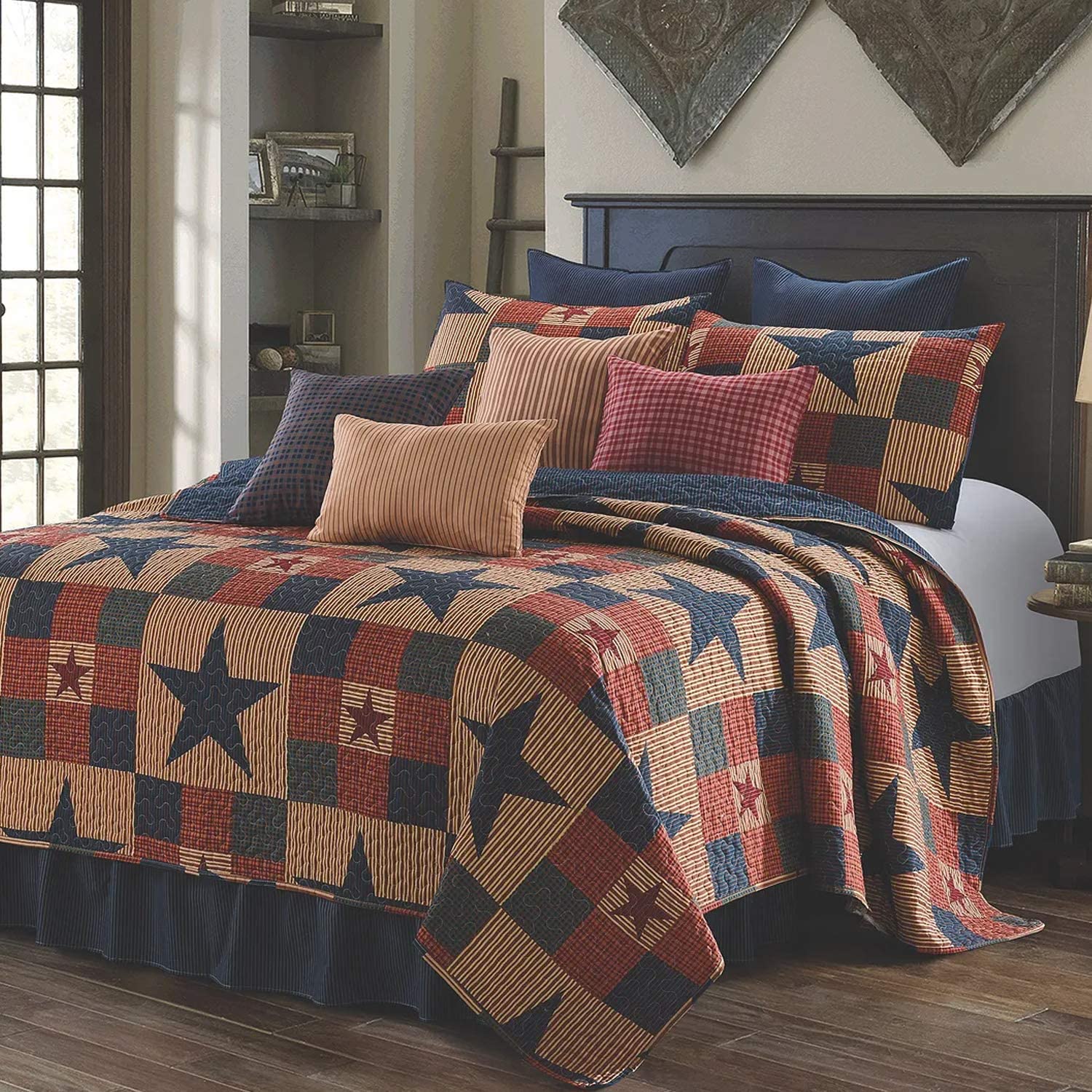 PRIMITIVE COUNTRY CABIN LODGE CAROLINA BLUE STAR Full Queen QUILT SET 