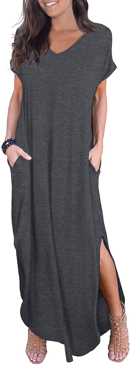 GRECERELLE Women's Casual Loose Pocket Long Dress Short Sleeve Split Maxi  Dresse | eBay