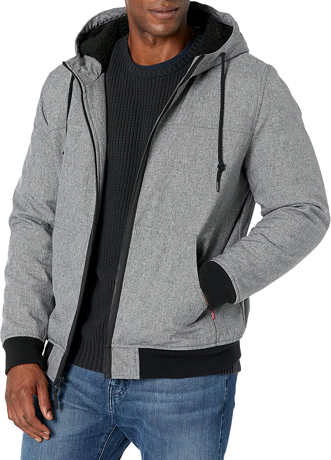 men's soft shell hooded trucker jacket with sherpa fleece lining