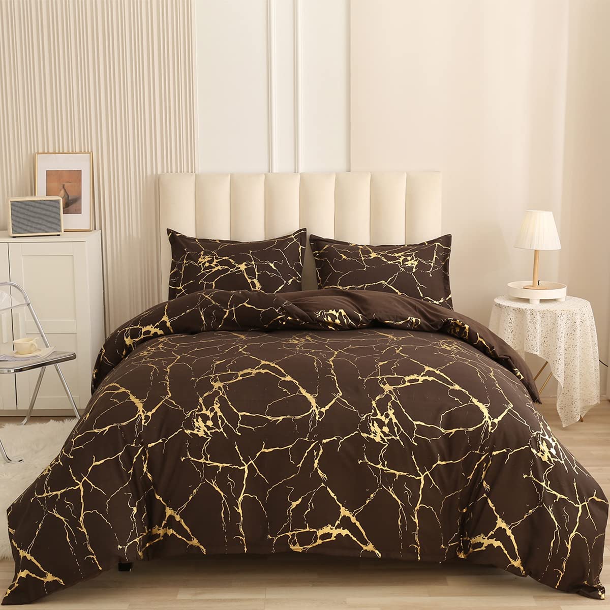 Holawakaka Gold Metallic Marble Comforter Set Full/Queen Size Foil Print Glitter