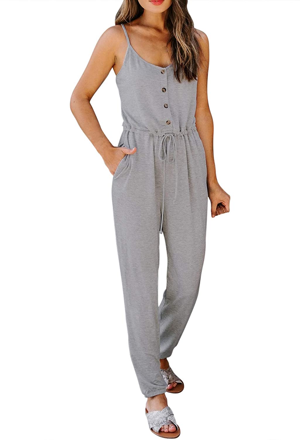 Selowin Women's Straps V Neck Jumpsuit Button Drawstring Waisted Rompers 