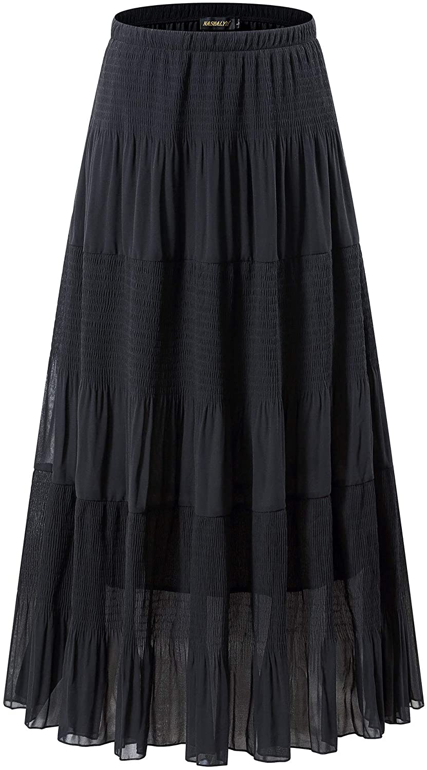 NASHALYLY Womens Maxi Skirt Chiffon High Waist Pleated A-Line Long Skirts 