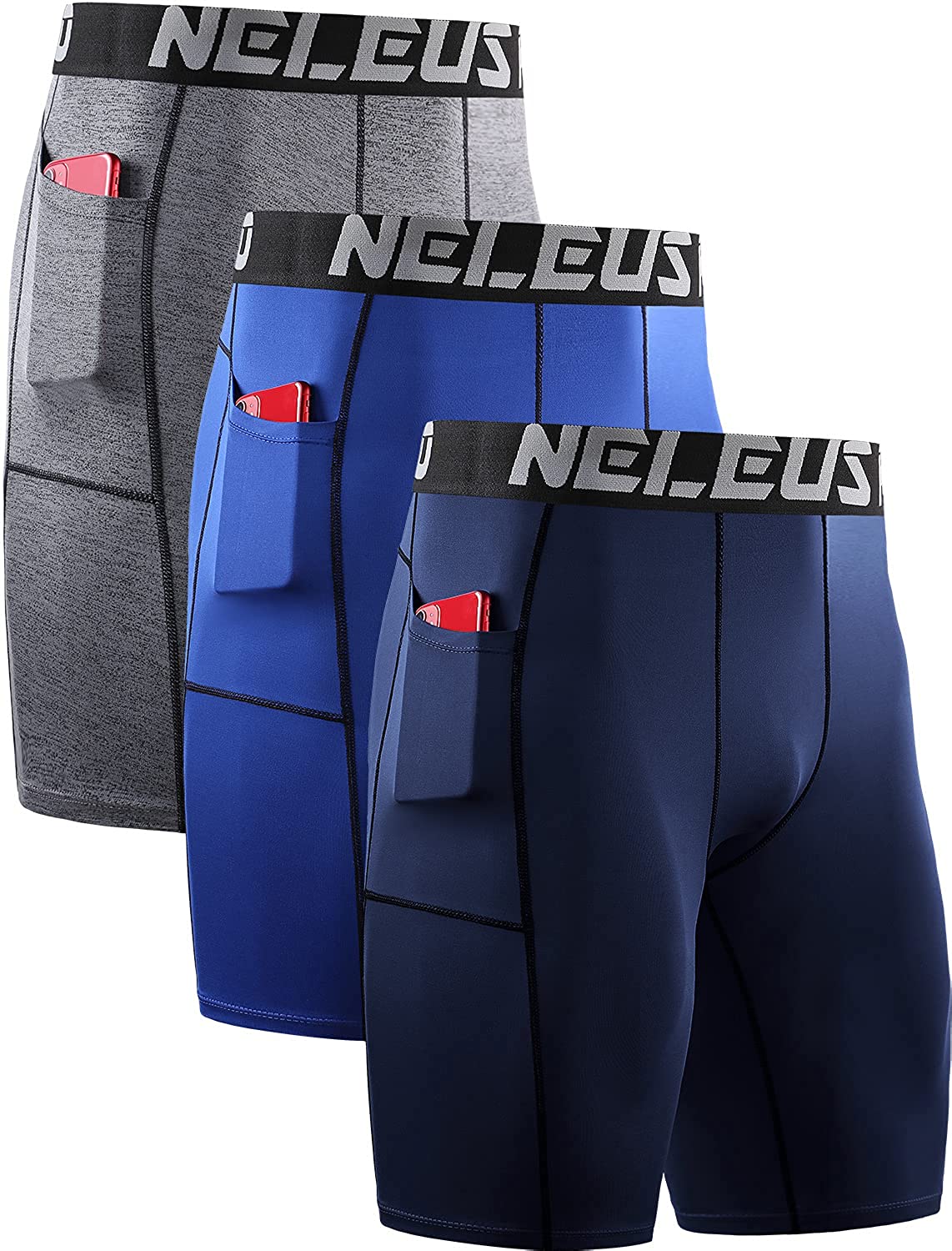 Neleus Men's 3 Pack Compression Short with Pocket