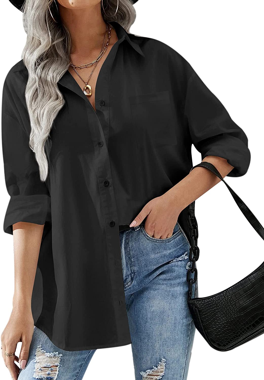 Hotouch Women Button Down Shirts Office Drop Shoulder Oversized Blouse Long  Slee