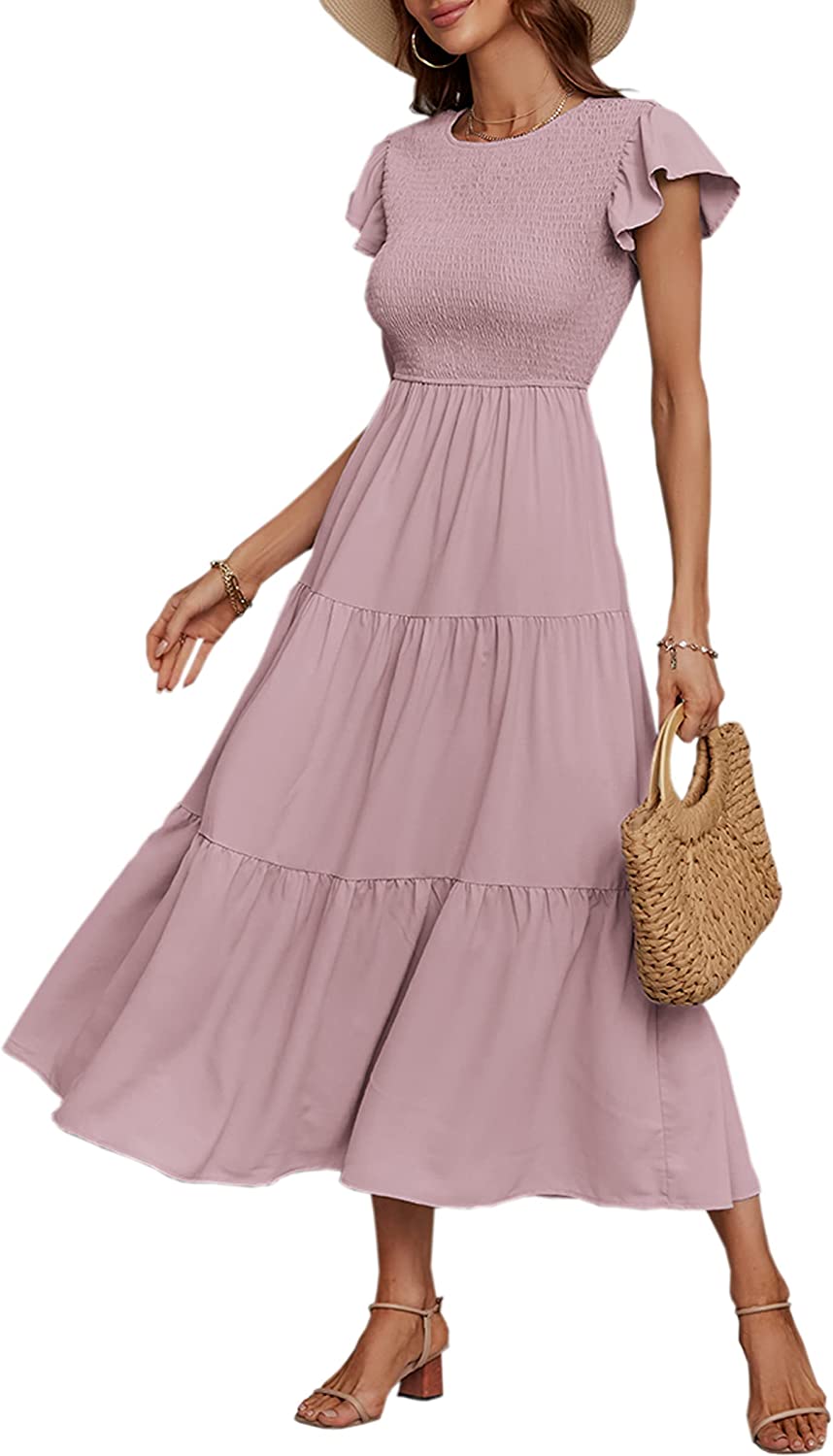 ECOWISH Womens Dresses Elegant Wedding Cocktail Ruffle Cap Sleeves Summer  A-Line