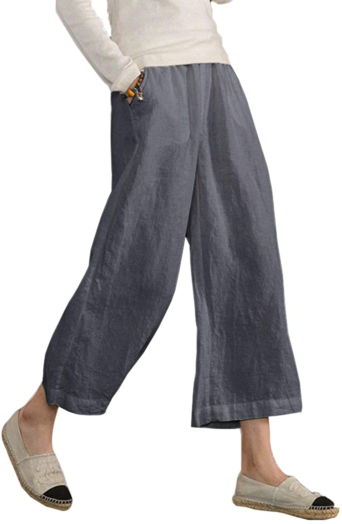 ECUPPER Womens Casual Loose 100 Linen Elastic Wasit Ankle Pants Plus Size  Cropped Trousers Light Gray M at  Women's Clothing store