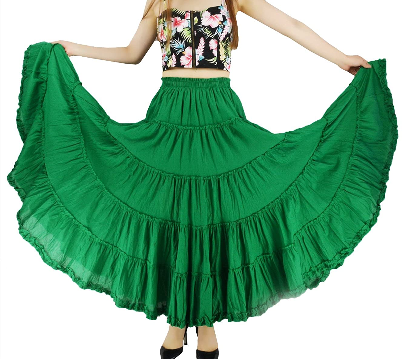 YSJERA Womens Cotton 5 Tiered A Line Pleated Maxi Skirt Long Boho Gypsy Dance Skirts 
