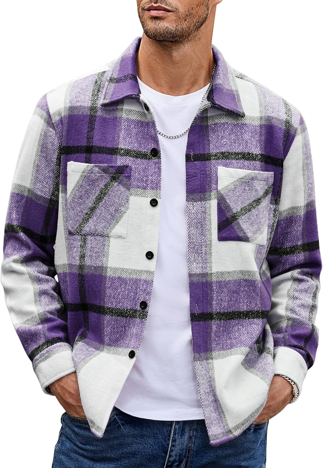 COOFANDY Men's Plaid Hooded Shirt Casual Shacket Jacket Long