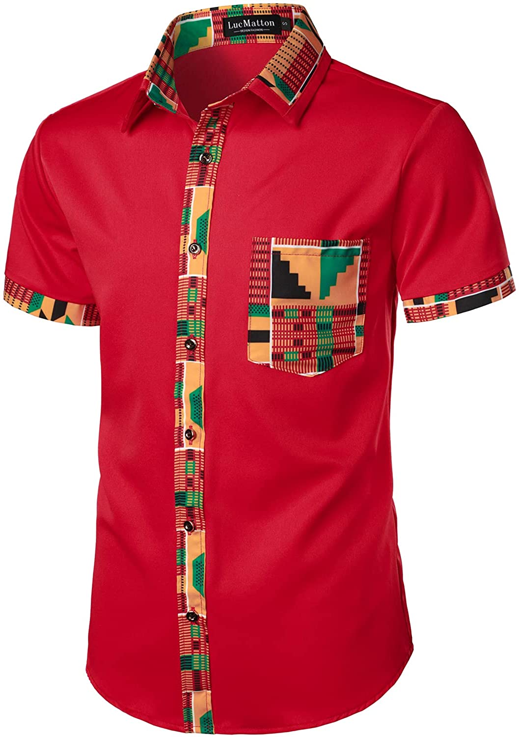 LucMatton Men's African Printed Patchwork Design Short Sleeve Button up Shirt Traditional Dashiki