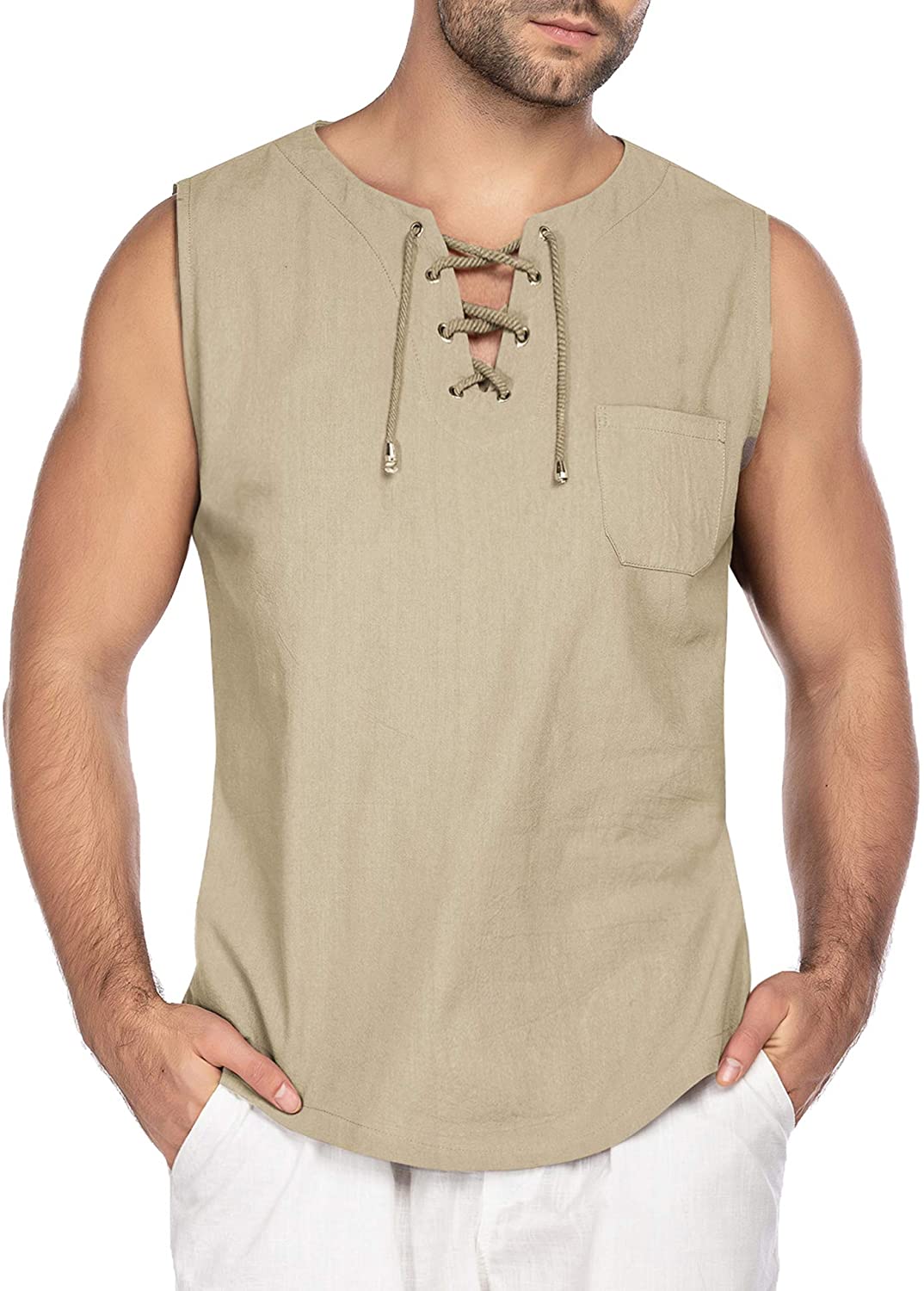 COOFANDY Mens Fashion Sleeveless T-Shirt Linen Cotton Tank Summer Beach V Neck Tops Hippie Shirts Yoga Top 