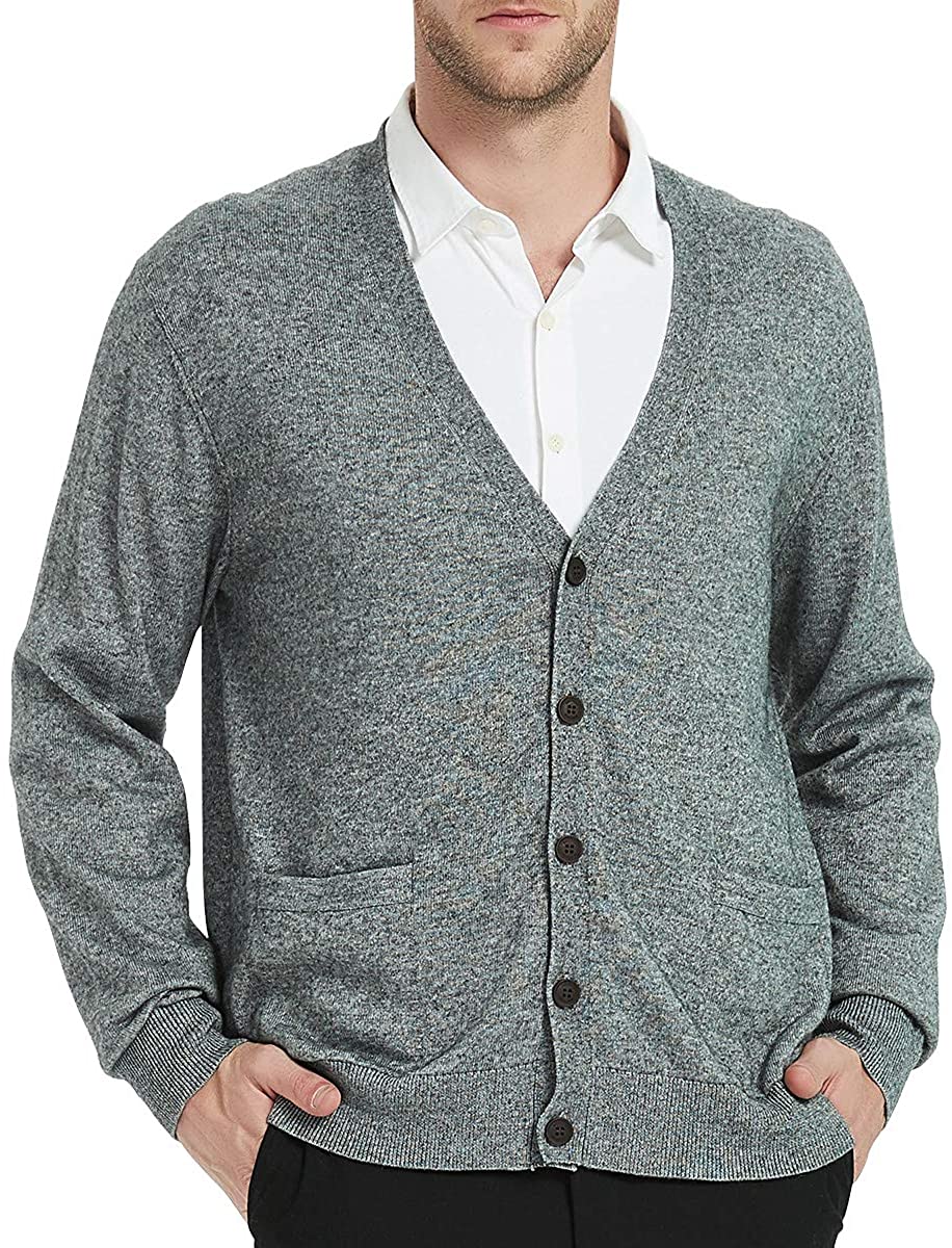 KALLSPIN Men's Cardigan Sweater Cashmere Wool Blend V Neck Cable Knit Buttons Cardigan with Pockets