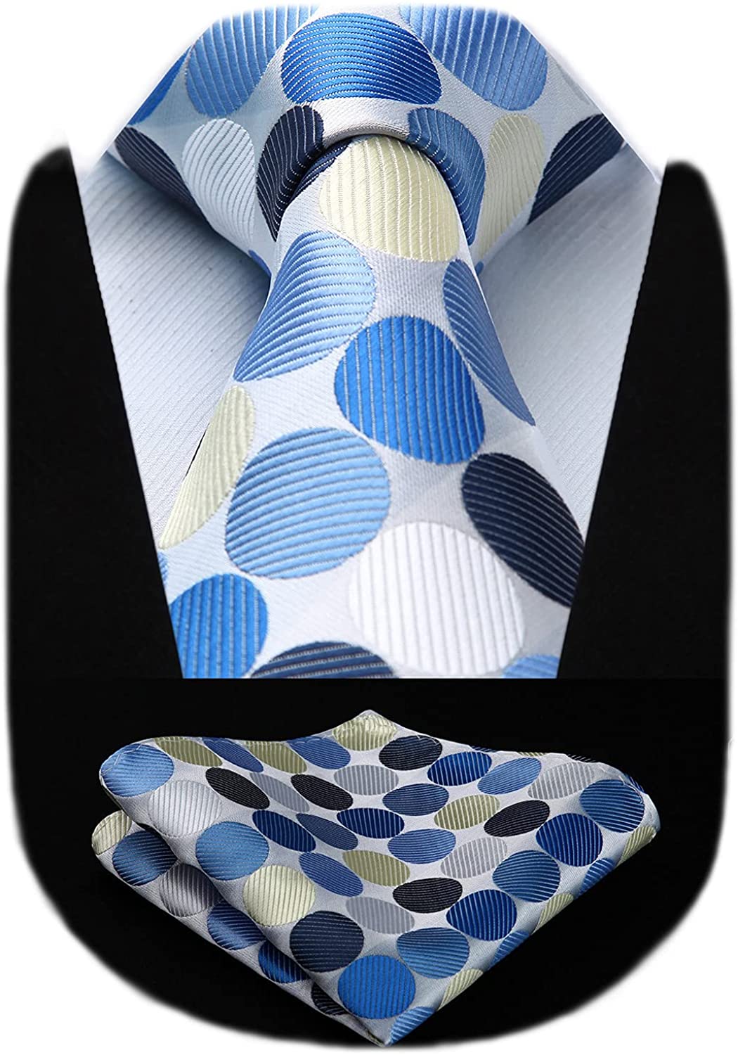 HISDERN Extra Long Polka Dots Stripe Tie Handkerchief Men's Necktie & Pocket Square Set 
