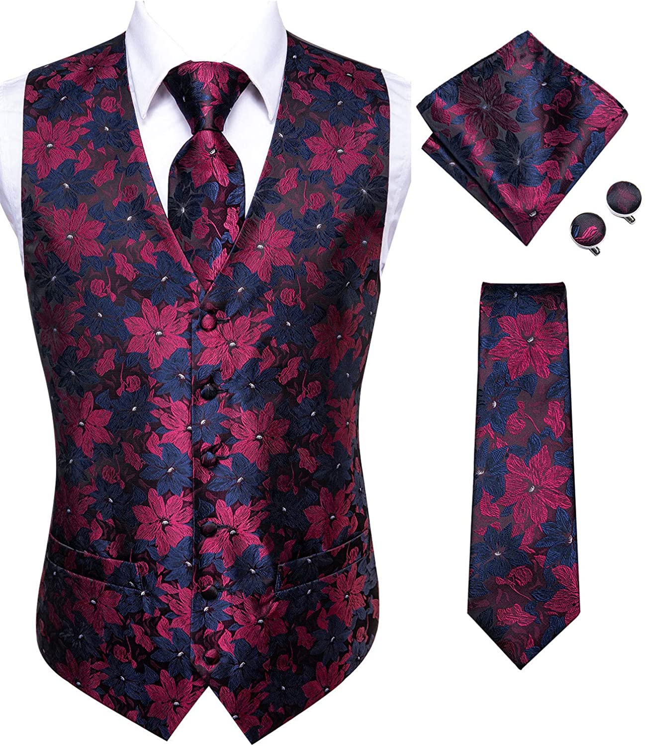 Dubulle Mens Vest and Tie Set Waistocat Necktie with Pocket Square Cufflinks 