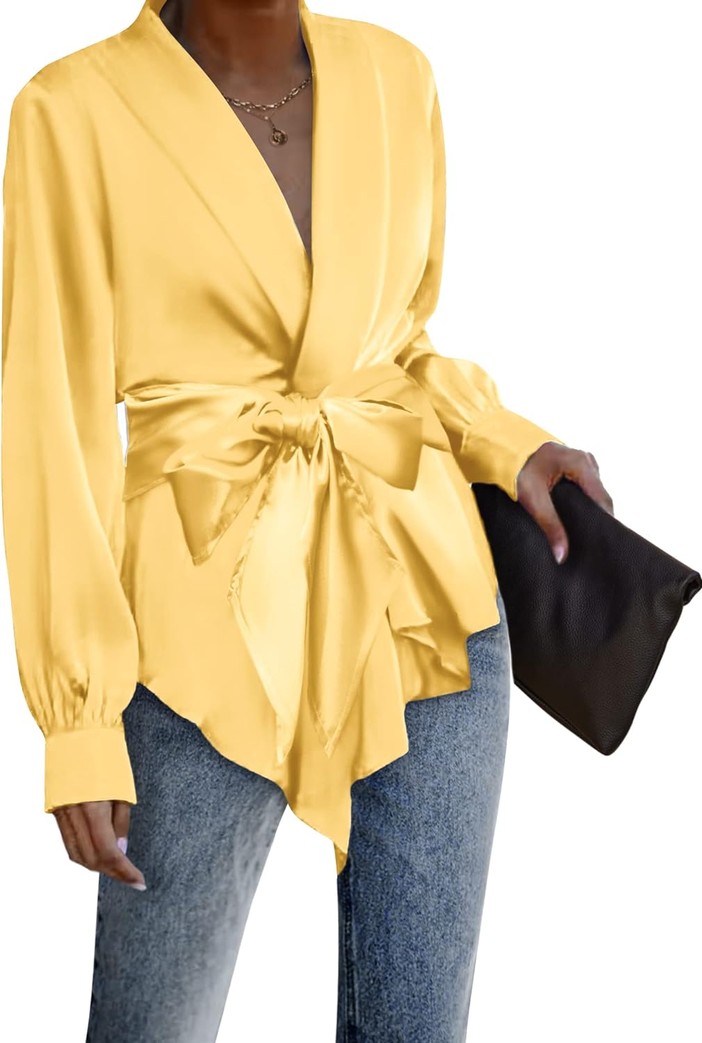 ACEVOG Women's Satin Blouse Tie Waist Wrap Shirt Belt Silk Blazer Long  Sleeve Open Front Ruffle Office Work Cardigan Rose Red : :  Clothing, Shoes & Accessories