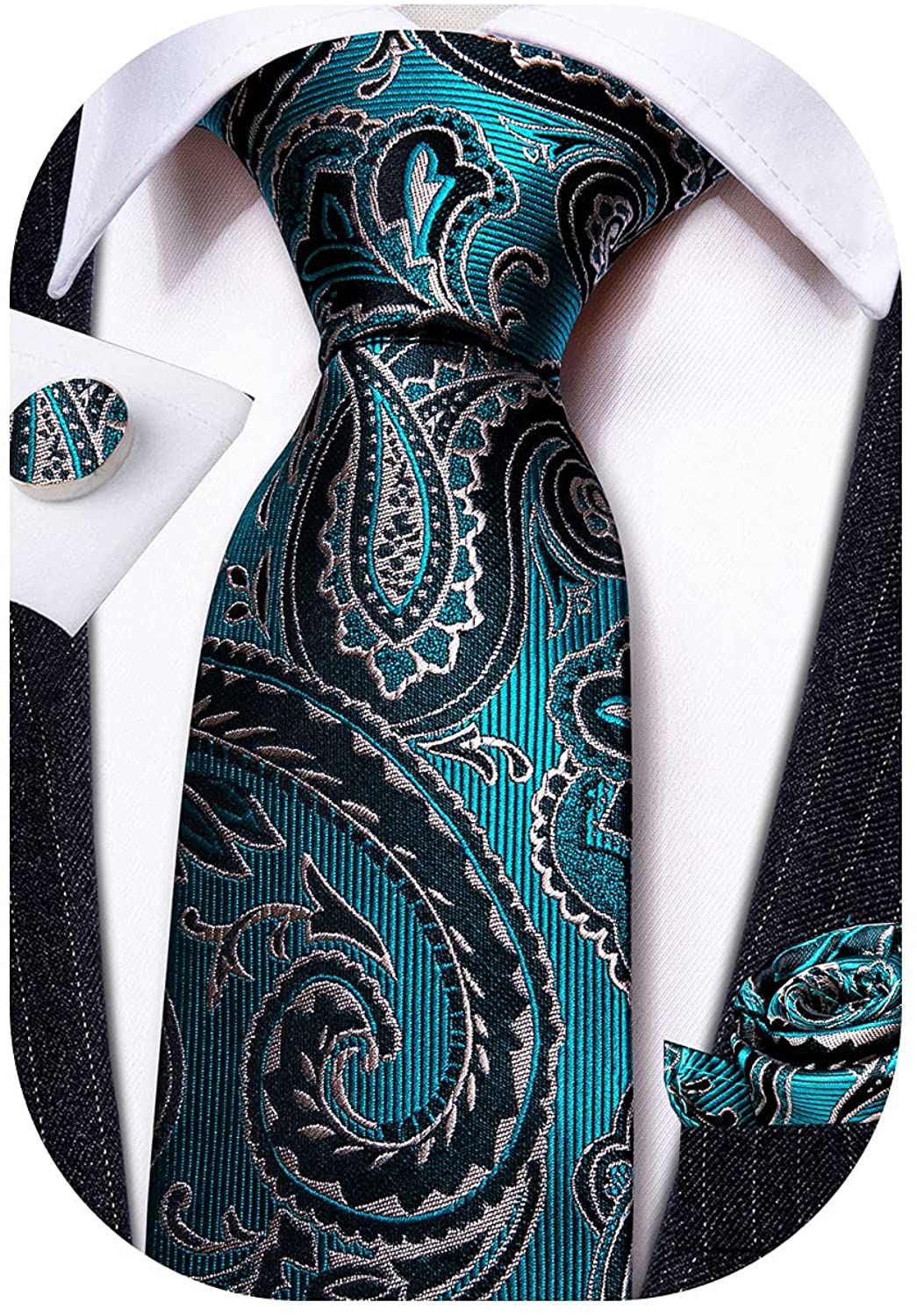 YOHOWA Mens Wedding Tie Set Paisley Neckties with Handkerchief Cufflink Silk Formal Business 