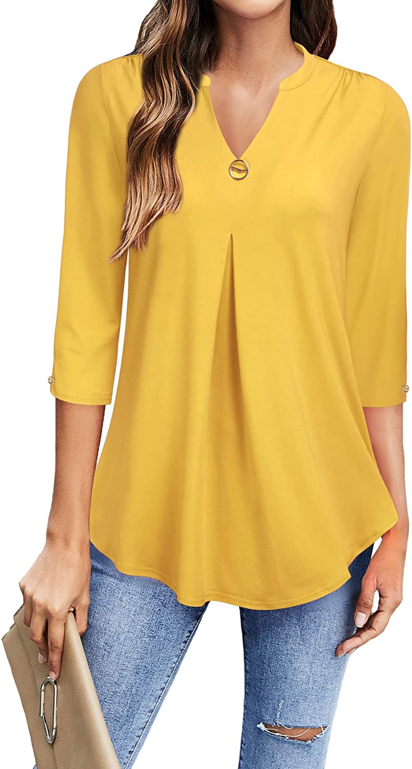 VALOLIA Women's Summer V Neck Blouse 3/4 Sleeve Casual Workwear Loose Shirts Tops 