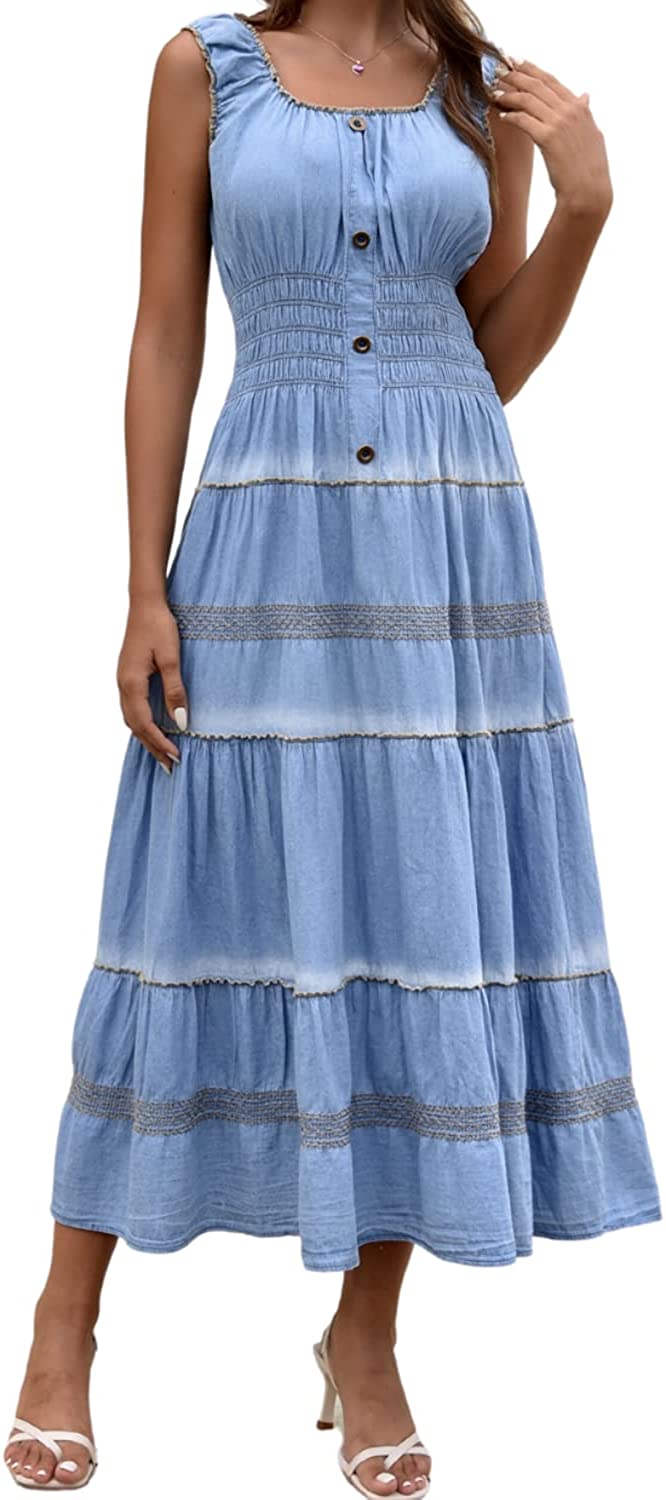 DREFBUFY Women's Maxi Dress Sleeveless Denim Long Summer A-line Casual Blue  Cott